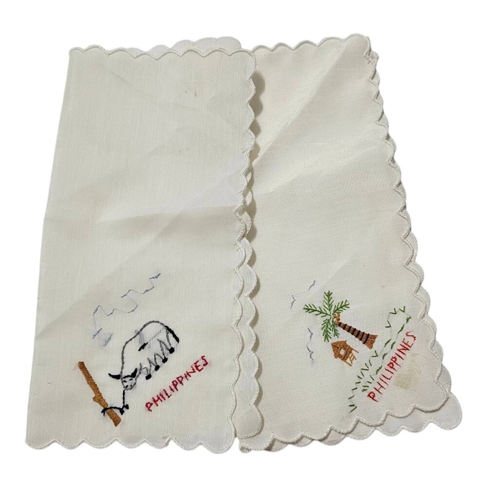 Vintage Handkerchief Hankie Philippines Stitched Straw Hut Bull Ox Palm Tree - Picture 13 of 13